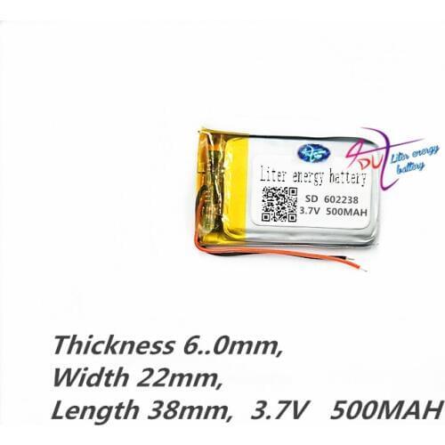 Lithium polymer battery 602238 062238 3.7V 500MAH MP3 MP4 MP5 GPS DIY Speaker millet Bluetooth 500MAH Tablet polymer battery