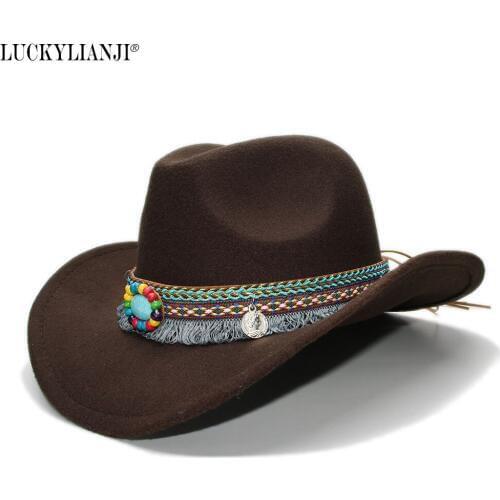 LUCKYLIANJI Kid Child Childrens Retro Vintage Wool Felt Cowboy Wide Brim Bowler Hat Tassel Turquoise Braid Band (54cm)