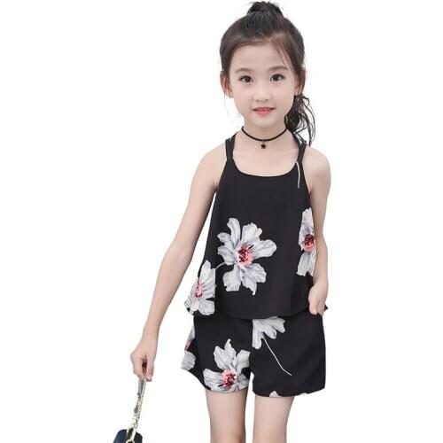 Fashion Girls Summer Clothes Flower Outfits Baby Girls Strap Vest Tops+Shorts 2Pcs Clothing Sets 4 6 8 10 Years Kids Clothes Set