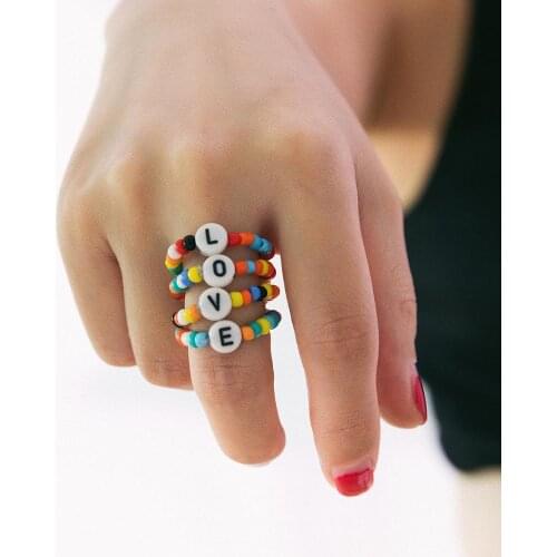 Trendy Colorful Beads 4pcs/set LOVE Ring Letters Ring Average Size Strechable 26 Letters Customization Good Minded Ring for Her