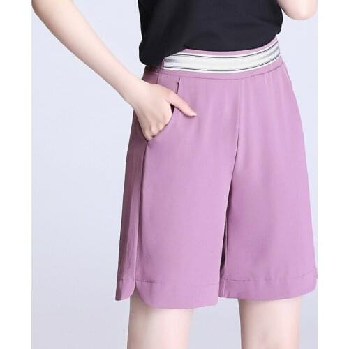 Oversized 4XL Summer Loose Shorts High Waist Silk Chiffon Stretch Straight Short Pants Women Black Solid Pockets Casual Bottoms