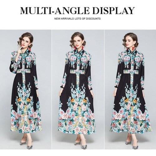 Womens Polyester Dress Ladies Retro Vintage Print Temperament Shirt Female Fashion Trendy French Print Long Sleeve Dresses