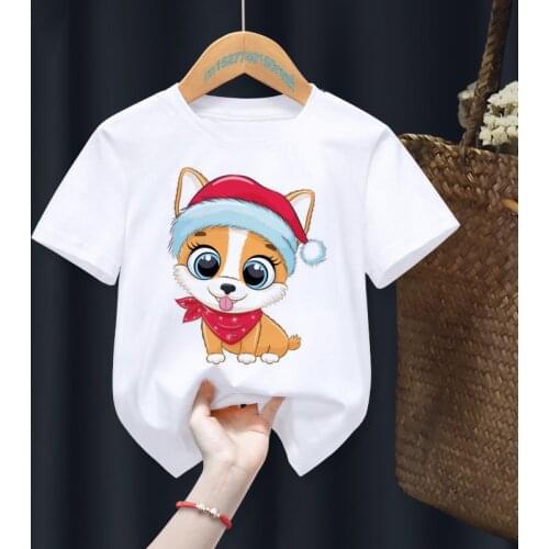 Merry Christmas Dog Cartoon Cute White Kid T-shirts Pug Children Summer Girl Gift Present Clothes Boy Animal TOps Tee,Drop Ship