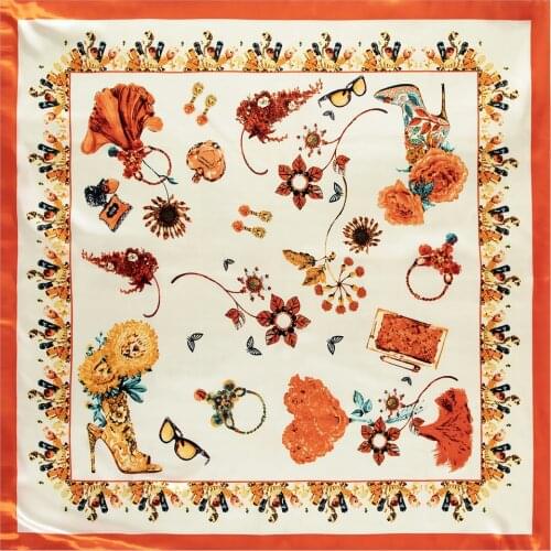 Large Hijab Scarves For Women Flower Print Silk Satin Scarf Female 90cmx90cm Luxury Brand Square Shawls Head Scarfs For Ladies