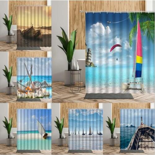 Ship Shower Curtains Beach Sailboat Wooden Boat Bath Curtain Set Accessories 3D Waterproof Fabric Home Bathroom Decor With Hooks