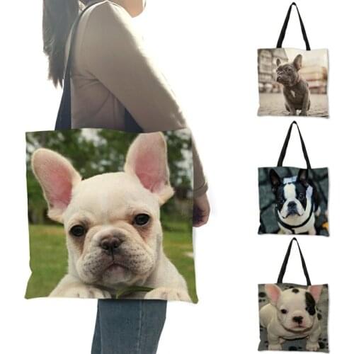New Woman Shoulder Bag Cute Bulldog Image Prints Hand Bags Eco Linen Practical Large Capacity Tote Bag for Ladies Girls