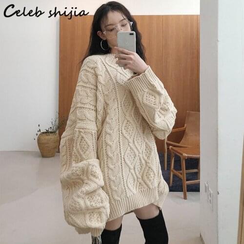 Oversize Womens Sweater Long Pullover Autumn Winter O-neck Argyle Apricot Knit Jumper Korean Fashion Clothing Streetwear