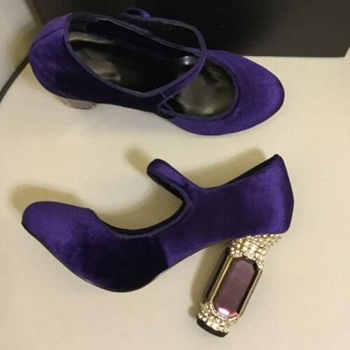 Big Gem Rhinestone Embellished Heels Royal Velvet Pumps Ladies Mary Janes Chunky Crystal Heel Ankle Buckle Pumps Shoes