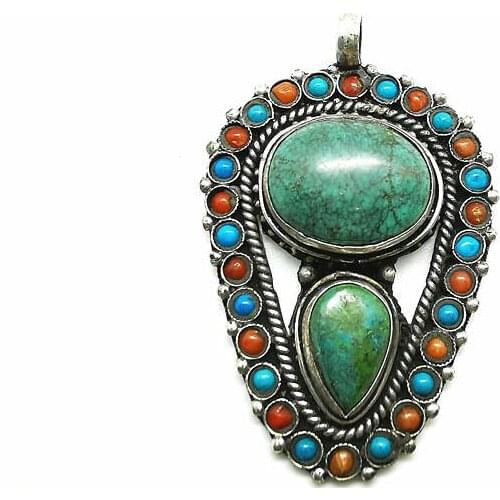 Vintage Flower Pendant Copper Inlaid Enhanced Turquoises Big Pendants Nepalese Jewelry TBP351