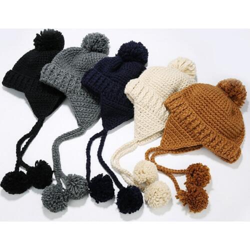 H3588 Women Bomber Hat Girl Winter Warm Ear Protection Korean Sweet Cute Hair Ball Knitted Cap Student Pure Color Casual Caps