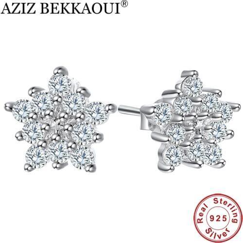 AZIZ BEKKAOUI 100% 925 Sterling Silver Crystal Snowflake Clear CZ Stud Earrings for Women Fashion Jewelry Valentines Gift