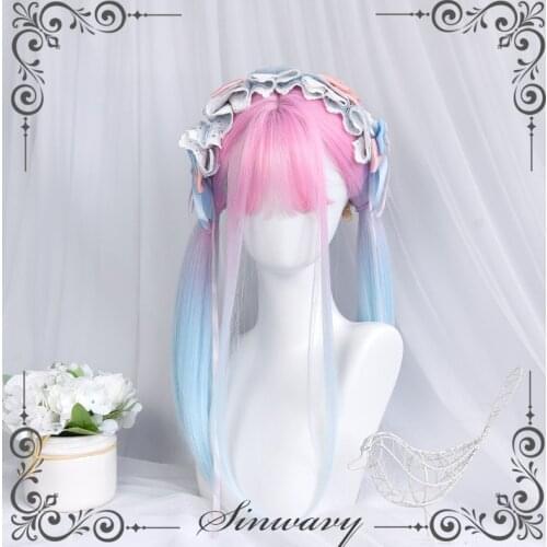 Gradual Pink Blue Lolita Wig Creamy Neon Women Harajuku Long Straight Hair Cute Bangs Adult Chic Girls Cosplay Daily Wear