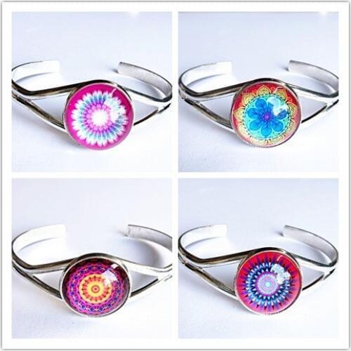 1pc Mandala Flower Bandanna Paisley Ancient silver Bangle hand chain glass bracelets for girls women