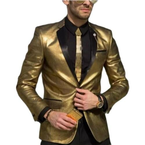 Shiny Satin Gold Mens Evening Dress Toast Suits Handsome Groom Tuxedos Work Business Clothes (Jacket+Pants+Bow Tie) OK:053