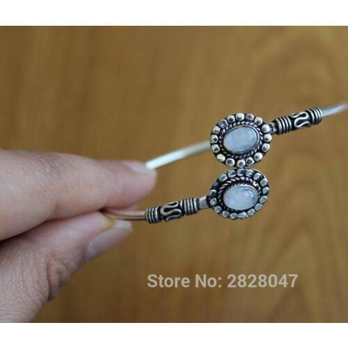 BR455 Tibetan Silver Inlaid Lapis Black Onyx Moonstone Bangle Cuff Handmade Nepal Flower Women Adjustable Bracelet