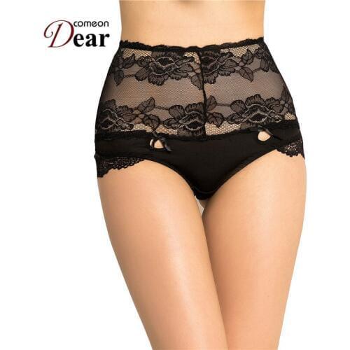 Comeondear Women Sexy Panties Lace Transparent High Waist Floral Strappy Underwear Plus Size Black Erotic Ladies Briefs PA5122