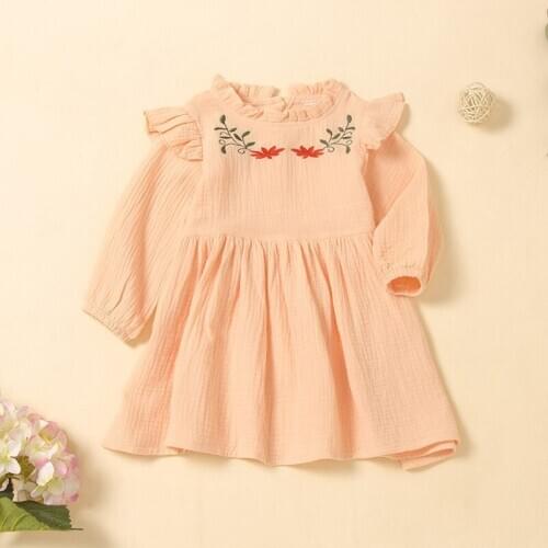 Kids Dresses for Girl Cotton Floral Embroidery Ruffles Collar Long Sleeve Birthday Party Princess Girl Dress Baby Girl Clothes