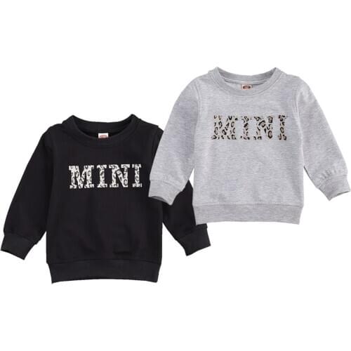 Children Boy Girl Long Sleeve Sweatshirts Mini Letter Print Crew Neck Solid Color Pullover Sweatshirts Winter Warm Tops