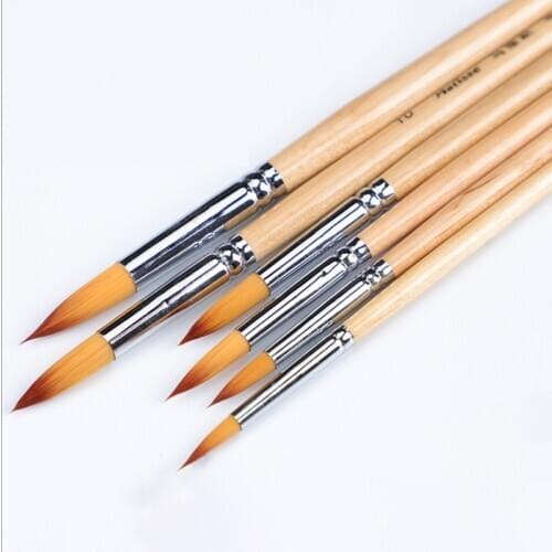 Two-tone nylon Round head 6 pcs set Wood short pole oil painting pen oil painting supplies watercolor paint brush art supply