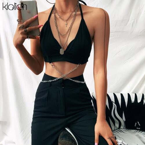 KLALIEN summer Punk metal chain decoration Crop Tops Womens Camisole 2020 Fashion sexy club party sleeveless tees tank top mujer