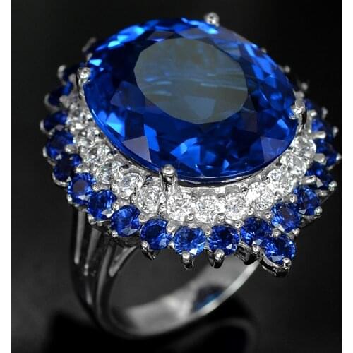 Large Round Dark Blue Stone Rings for Women Top Quality Flower Design Gothic Cubic Zirconia Rings Fashion Jewelry Accessories