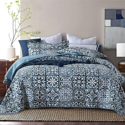 CHAUSUB Blue Print Bedspread Cotton Quilt Set 3PCS Bed Cover With 2 Pillowcase Queen Size Blanket Summer Coverlet