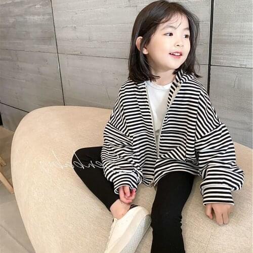 2021 Spring Autumn Kids Coats Baby Girls Fashion Long Sleeve Striped Hooded Jackets Outerwear Children Clothes Casual Loose Coat