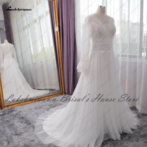 Lakshmigown Fairy Princess Bridal Robe A Line Lace Wedding Dress 2021 Plunging Sheer Puffy Long Sleeve Sexy Women Wedding Gowns