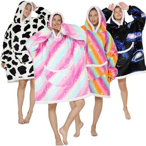 Cute Cartoon Winter Warm Wearable Blanket Hoodie Oversized Sherpa Blanket Sweatshirt Plush Hooded Nightgown for Adults Men Women