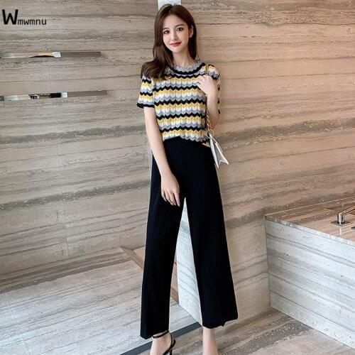 Fashion Stripe Knitwear T-shirt + Casual Solid Wide Leg Pants Korean Style Two-Piece Suit Summer Short Sleeve Knitted Sets Women