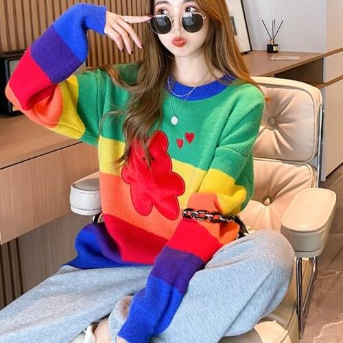 Fashion Rainbow Sweater Women Autumn Winter Top Clothes Striped Oversized Pullover Knitted Sweaters Pull Femme
