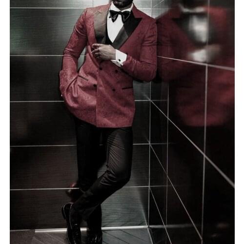 Double Breasted Groomsmen Burgundy Pattern and Black Groom Tuxedos Peak Lapel Men Suits ( Jacket+Pants+Vest+Bow Tie ) D310