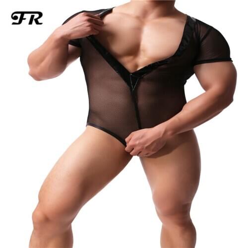 FR Mens Sexy Borat Style Mankini Suspender Sling Swimsuit Slingshot Costume Mens Body Suit,Mesh Transparent Bodywear