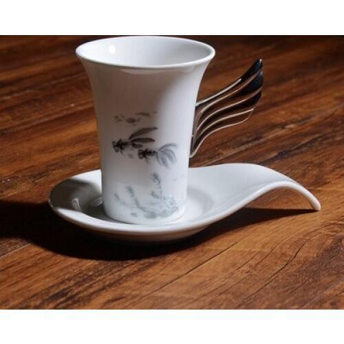 Ink Painting Chinese Coffee Cup And Saucer Creative Ceramic Chinese Style Coffee Cup Set Afternoon Tea Drinking Sets