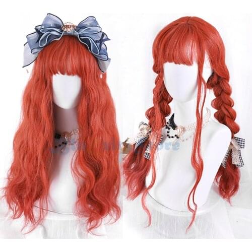 Sweet Lolita Wig Harajuku Orange Cute Long Curly Wavy Synthetic Hair Fringe Bangs Adult Girls Party Hair