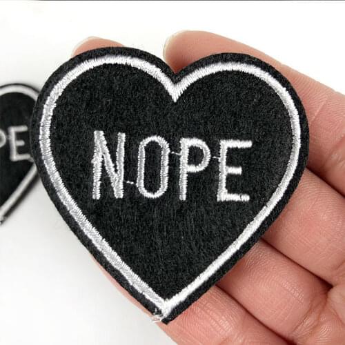 PGY Black Heart Shape Nope Letter Appliques Iron On patches for Clothing Back Rubber Embroidery ShoesHats Diy Decor Badges