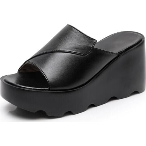 New Genuine Leather Fish Mouth Increase Summer Shoes Platform Slippers Non-slip Wedges Sandals High Heel Shoes Womens Sandals