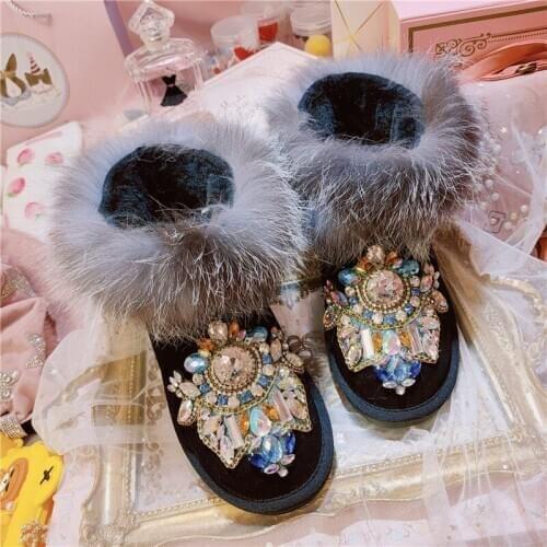 2021 winter new custom luxury rhinestone totem rhinestone fur snow boots fashion fox fur snow boots large size 35-40