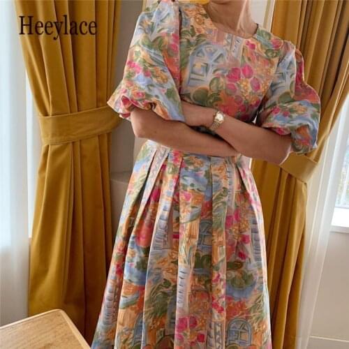 Women Dresses Pleated Retro French Summer 2021 New Flower Print Square Neck Party Elegant Lady Female Vestidos Long Dress