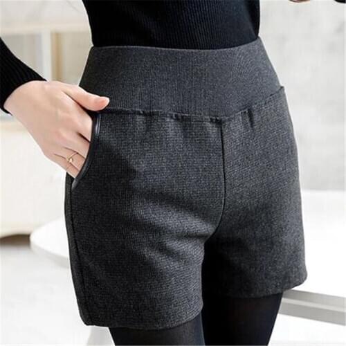 Lady Casual Pocket Winter Oversized Solid Shorts Woman Plus Size Spring Autumn High Elastic Waist Straight Thick Slim Short