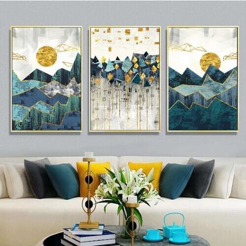 Nordic Abstract Geometric Mountain Landscape Wall Art Canvas Painting Golden Sun Posters And Prints Wall Picture for Living Room