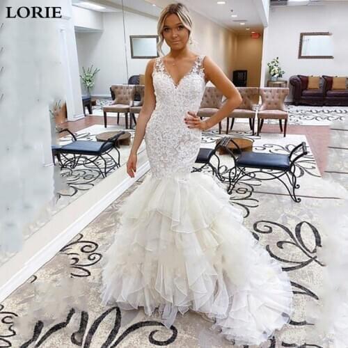 LORIE Mermaid Wedding Dresses 2019 V Neck Lace Appliques Bride Gowns robe de mariee Wedding Gown With Romantic Buttons Back