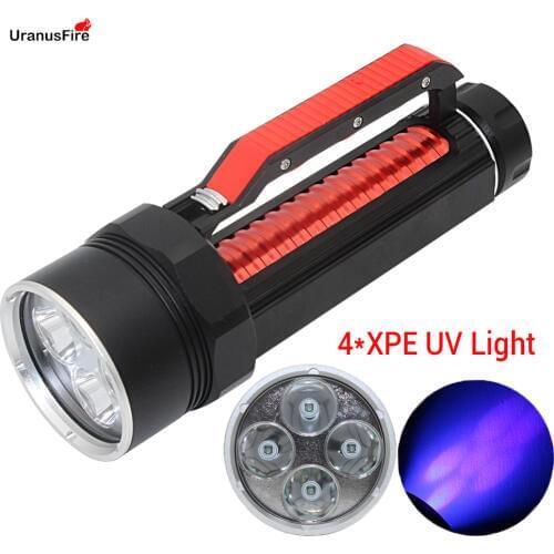 3000 Lumens 4*XPE LED UV Flashlight waterproof Diving Ultraviolet Torch Powered by 26650 Battery Underwater 80m UV Lamp