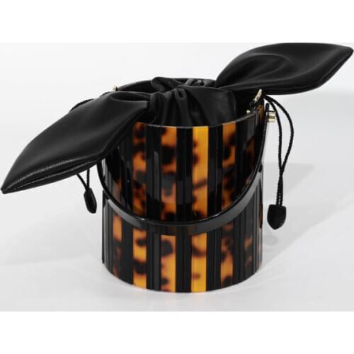 Vintage Leopard Print Acrylic Genuine leather Bucket Bag Women Korean Personality Purse Handbag Ladies Casual Shoulder Bag Chic