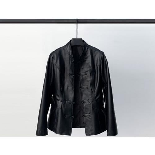 Spring 2021 New Leather Jacket Women Retro Short Tang Style Plate Button Leather Jacket Sheep Leather Casual Coat