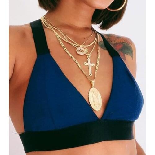 Multi layers necklace disc Oval-shaped Virgin Mary Madonna cross lotus flower pendant Gold color plated metal chain