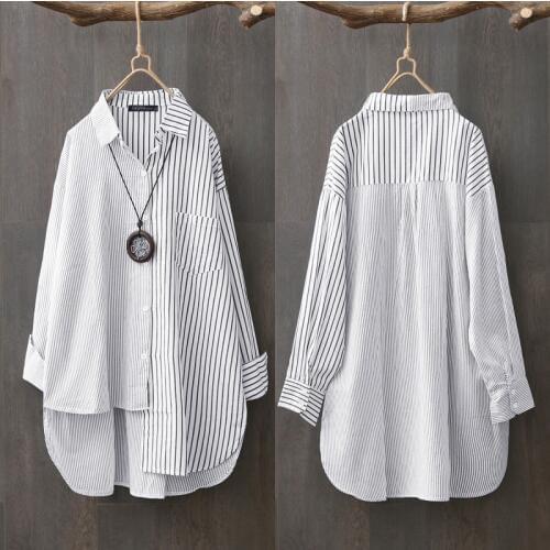 Oversized Womens Asymmetrical Shirts ZANZEA 2021 Elegant Striped Tops Casual Long Sleeve Blusas Female Button Stiching Tunic