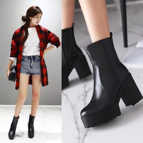 Womens high-heeled platform boots Autumn Ankle Chelsea Boots Square Heel Female Shoes Super High Heels Winter Short Boot Ladies