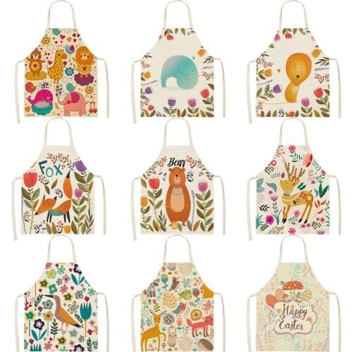Women Kitchen Aprons Animal Printed Waterproof Cooking oil-proof Cotton Linen Antifouling Chef Apron Cleaning 68*55cm 0128