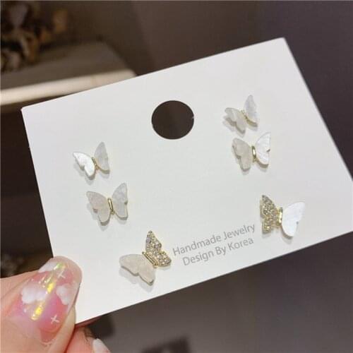 MENGJIQIAO Korean Cute Sweet Shell Butterfly Stud Earrings For Women Ladies Delicate Zircon Boucle D'oreille Jewelry 6Pcs/Set
